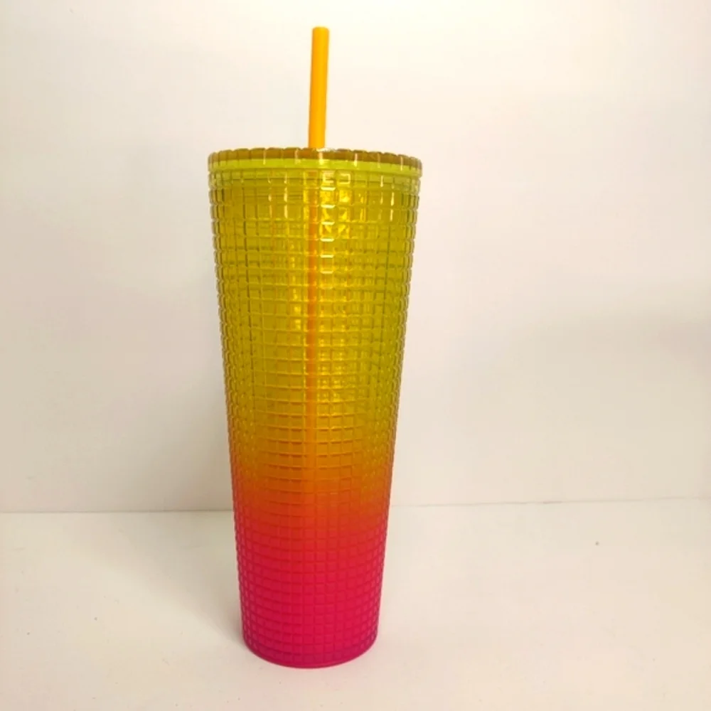 NEW Starbucks Tumbler Grid Texture Large Venti 24 oz Pink Yellow Straw 2022 - Picture 10 of 10
